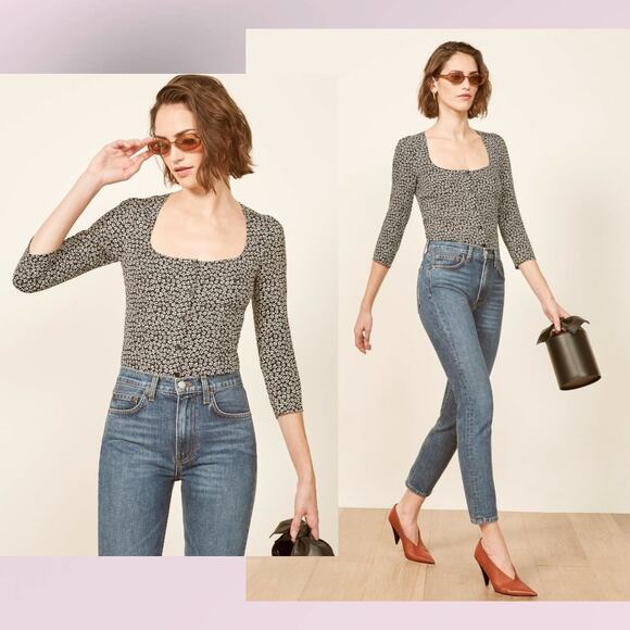 REFORMATION Jorja Top Floral Blouse Ansel Button Front Boho Coquette Square Neck - Picture 1 of 12